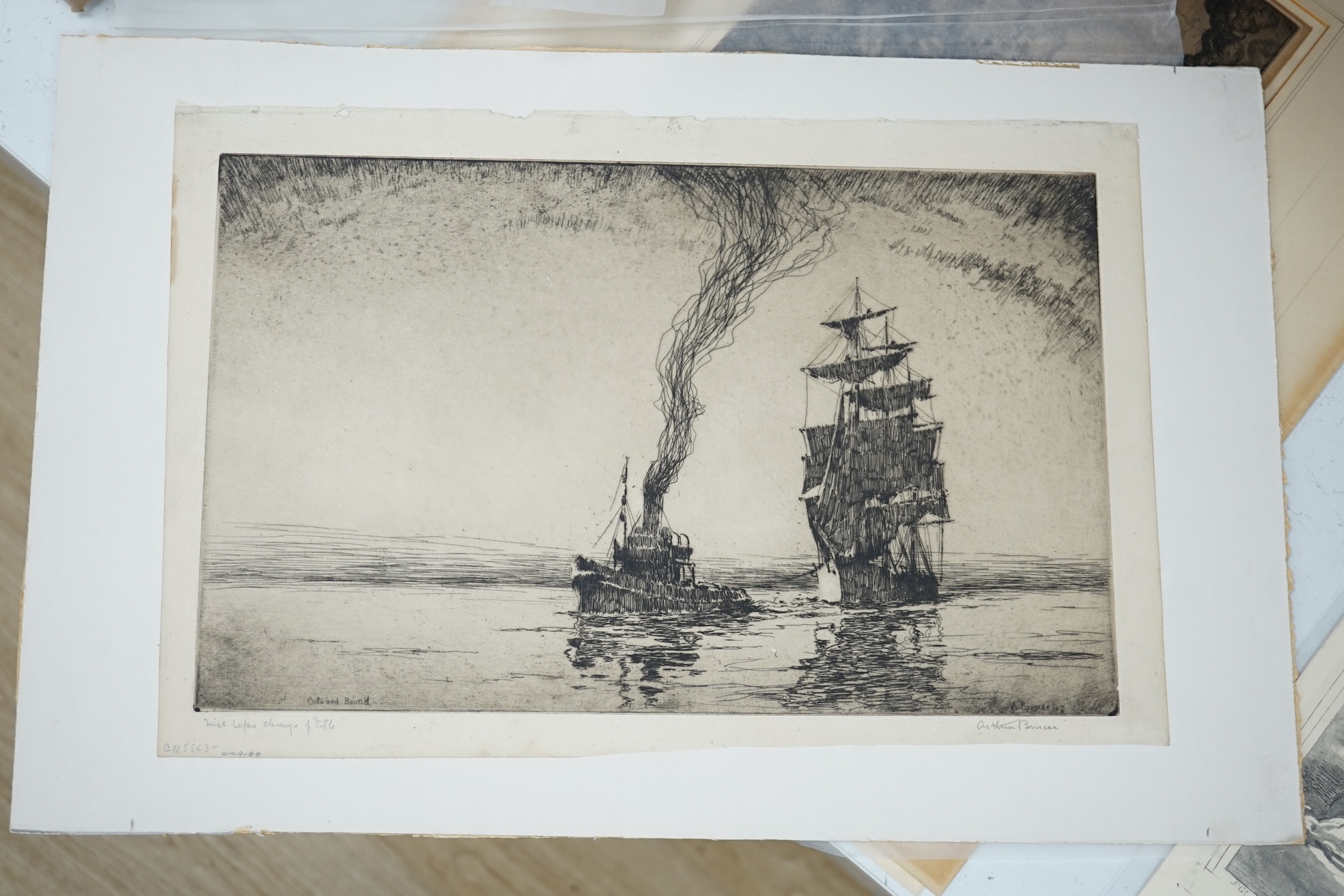 Arthur Briscoe (1873-1943), drypoint etching, Outward Bound, signed in pencil and inscribed by the artist, 25 x 40.5cm, unframed. Condition - laid down, otherwise good